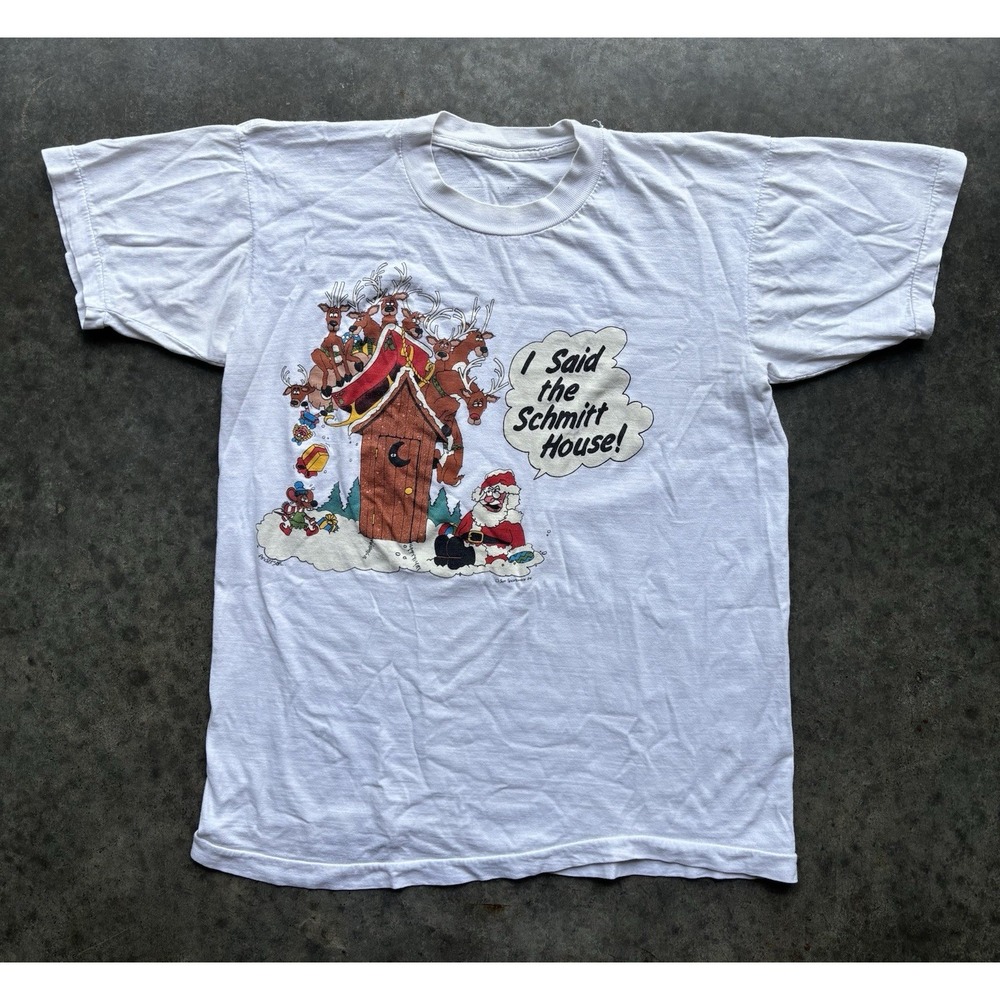 Vintage 80s Christmas T Shirt Mens Size Large White Santa Claus Cartoon Funny